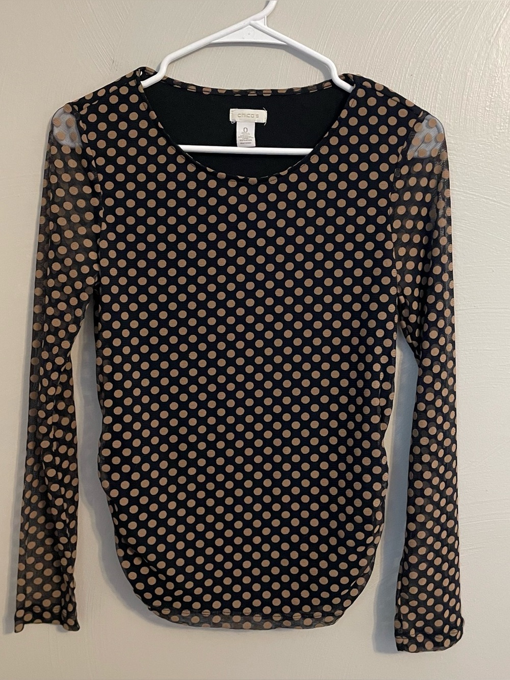 Chicos Brown and Black Polka Dot Mesh Long Sleeve Shirt With Lining Size 0/small